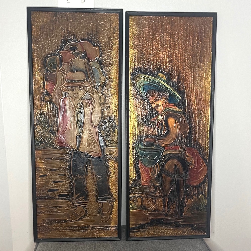 Vintage Mexican Folk Art MCM copper relief panels pair peasant‎ /cowboy 30x11